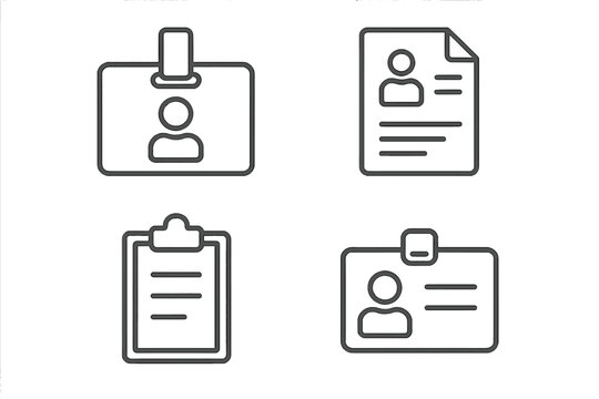 Business line icon set: employee badge, ID card, resume, clipboard. Vector icons for identity, personal data, human resources, corporate files. Minimalist editable stroke.