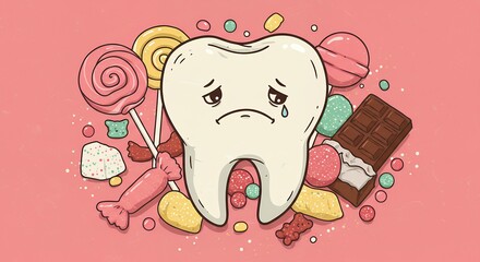 Sad tooth surrounded by sweets