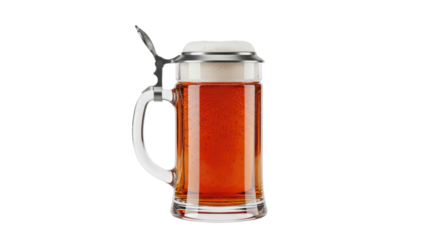 Isolated glass beer mug with handle and metal lid partially open on a seamless background