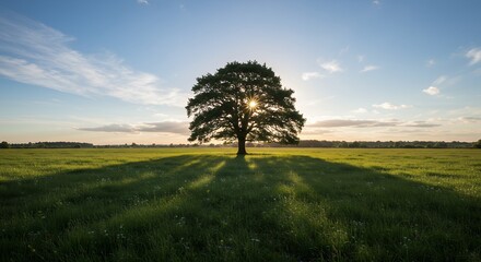 Obraz premium Solitary tree in meadow at sunrise