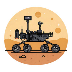 Cartoon mars rover exploring the red planet with a large moon in the background