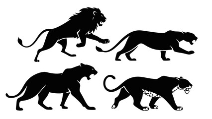Jungle Kings Silhouette Vector Set – Lion, Tiger, Panther, Leopard, and Cheetah Black Animal Sticker Pack for Logos, Outdoor Branding, Adventure Designs, and T-Shirts