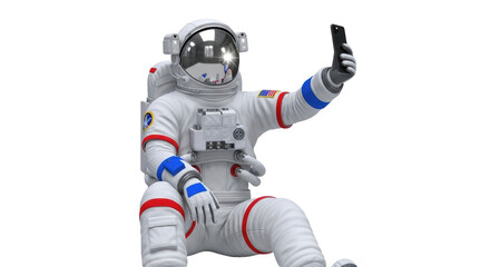 Isolated spaceman taking a selfie with his cell phone, wearing spacesuit, sitting down
