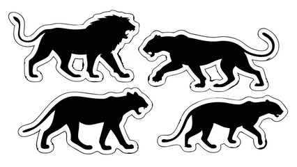 Jungle Kings Silhouette Vector Set – Lion, Tiger, Panther, Leopard, and Cheetah Black Animal Sticker Pack for Logos, Outdoor Branding, Adventure Designs, and T-Shirts