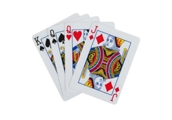 A hand of playing cards featuring the King, Queen, and Jack of spades and hearts on a white background