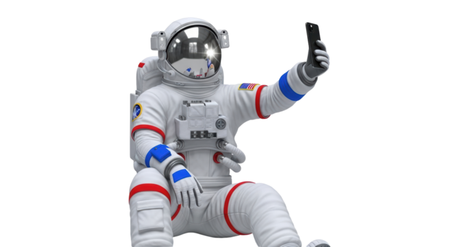 Isolated spaceman taking a selfie with his cell phone, wearing spacesuit, sitting down