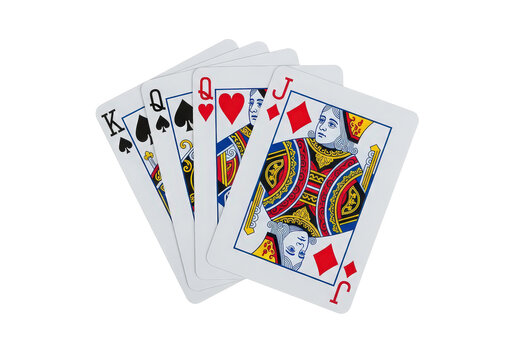 A hand of playing cards featuring the King, Queen, and Jack of spades and hearts on a white background