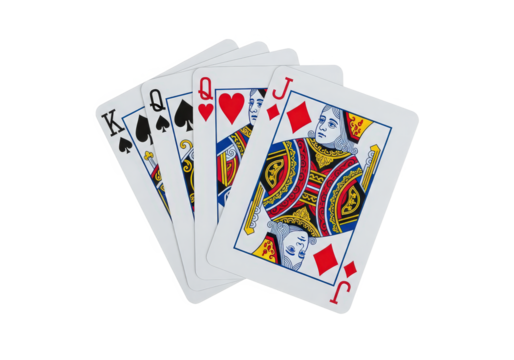 A hand of playing cards featuring the King, Queen, and Jack of spades and hearts on a white background