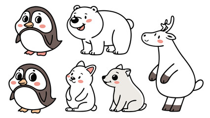 Cute Polar Animals Sticker Set | Cartoon Penguin, Polar Bear, Seal, Walrus, Arctic Fox, Snowy Owl, Reindeer | Kawaii Arctic Wildlife Vector Icons for Kids and Winter Designs