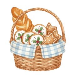 Delightful basket filled with festive cookies, including decorated gingerbread and holiday themed treats, perfect for celebrations and gatherings