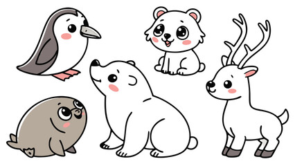 Cute Polar Animals Sticker Set | Cartoon Penguin, Polar Bear, Seal, Walrus, Arctic Fox, Snowy Owl, Reindeer | Kawaii Arctic Wildlife Vector Icons for Kids and Winter Designs