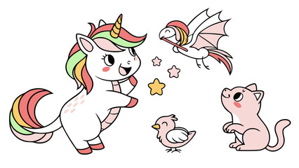“Cute Magical Animals Sticker Set – Unicorn, Baby Dragon, Phoenix Chick, Pegasus, Fairy Cat, Mermaid Puppy in Kawaii Cartoon Style with Pastel Colors and White Borders”