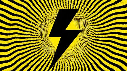 Striking black lightning bolt on radiant yellow background with hypnotic patterns