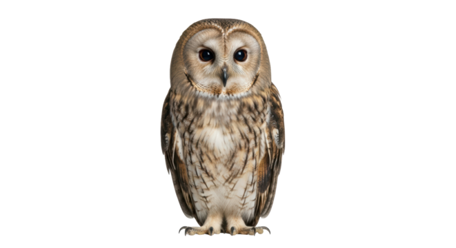 Isolated, tawny owl portrait against a neutral background, showing plumage and large eyes