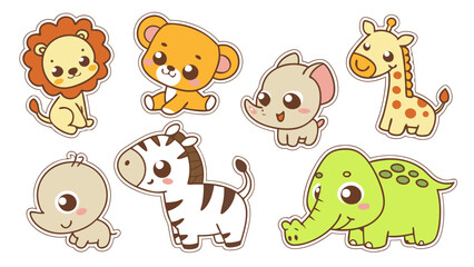 Cute Baby Jungle Animal Sticker Set | Kawaii Lion Cub, Tiger Cub, Elephant, Monkey, Zebra, Giraffe, Hippo, Parrot, Crocodile | Cartoon Vector Icons Pack for Kids