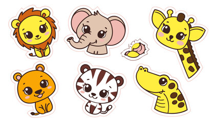 Cute Baby Jungle Animal Sticker Set | Kawaii Lion Cub, Tiger Cub, Elephant, Monkey, Zebra, Giraffe, Hippo, Parrot, Crocodile | Cartoon Vector Icons Pack for Kids