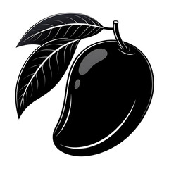 Black silhouette of a ripe mango with two leaves on a white background