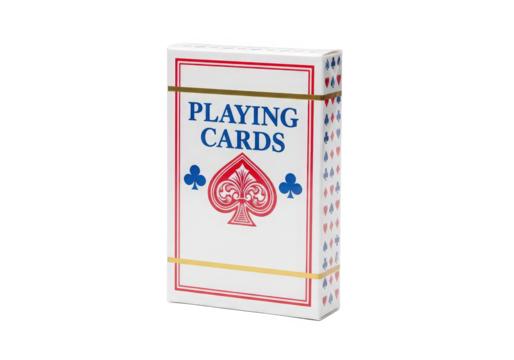 A neatly packaged deck of playing cards featuring a classic design, set against a clean background
