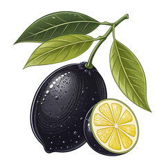 Illustration of a whole and sliced black lemon with green leaves on a branch