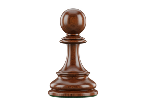 A polished wooden pawn chess piece standing elegantly on a reflective surface, showcasing its craftsmanship