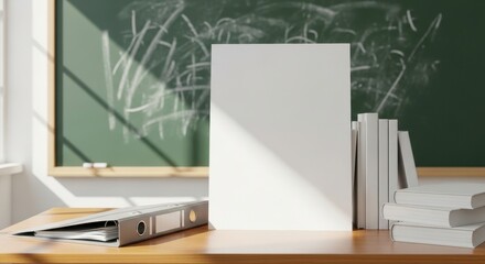 A blank white canvas stands on a desk with books and a binder, against a chalkboard with math equations.
