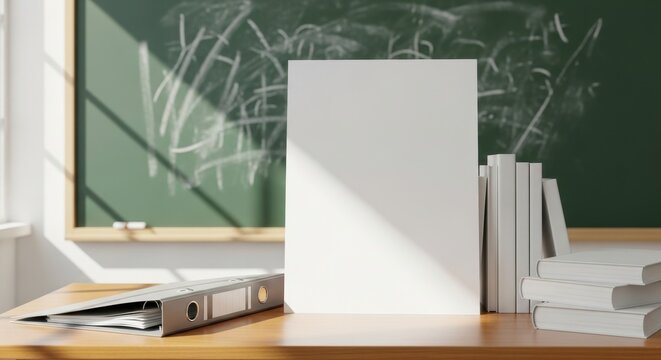 A blank white canvas stands on a desk with books and a binder, against a chalkboard with math equations.
