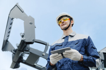 Young Caucasian male engineer hold tablet computer for AI rc control truck in mining industry with machinery