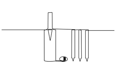 Continuous one line Art drawing cricket bat, ball, and wicket ca[ stumps isolated on white. Set equipment for cricket game. with white background