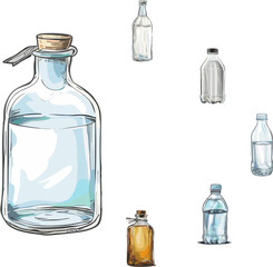 set of bottles with water in color style