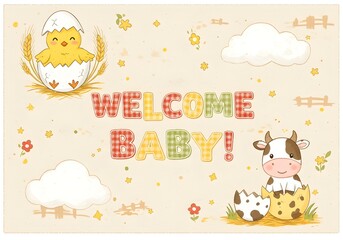 Whimsical Welcome Baby Announcement with Adorable Chick and Calf Illustrations
