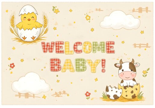 Whimsical Welcome Baby Announcement with Adorable Chick and Calf Illustrations