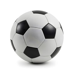 A traditional black and white football, also known as a soccer ball, is shown isolated with a soft shadow on a clean white background