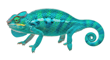 Isolated Panther Chameleon close-up, turquoise and green patterned skin and curly tail on display