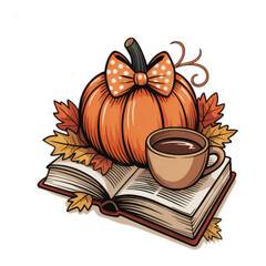 Cozy Autumn Reading Scene with Pumpkin and Hot Coffee isolated in png