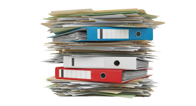 Isolated messy paperwork pile with ring binders in office or home storage, archive stack