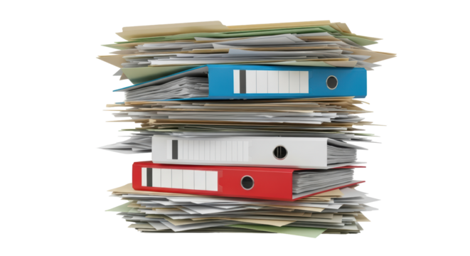 Isolated messy paperwork pile with ring binders in office or home storage, archive stack