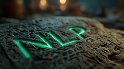 Ancient stone with neon green nlp inscription in mysterious setting