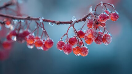 Frozen red berries on icy branches in winter wonderland