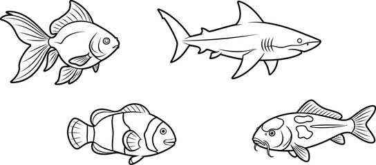 A captivating monochrome illustration showcasing a goldfish, shark, clownfish, and koi fish, all meticulously outlined in a clean, minimalist style