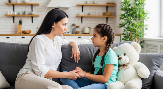 Mother and daughter having a serious conversation on the couch at home, holding hands. This photo represents family bonding, trust, emotional support, and open communication.

