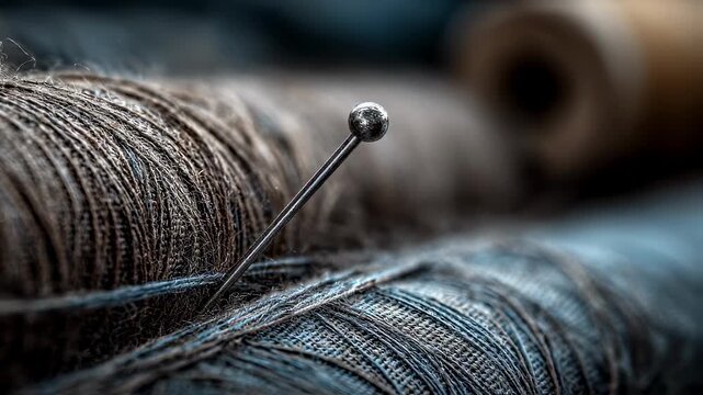 Reinforced sewing needle threading through multiple layers of canvas emphasizing durability with soft outoffocus surroundings.