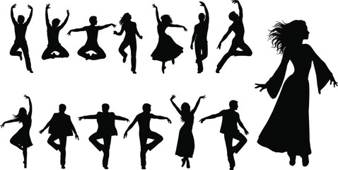 Silhouettes of dancers performing, men and women in motion, ballet, modern dance, expressive movement, jump poses, vector illustration design