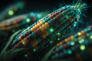 Microscopic view of aflatoxin molecules glowing in toxic green, scientific illustration