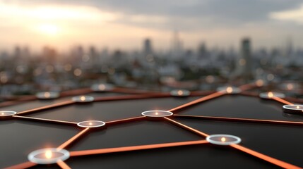 Futuristic network connection at sunset over cityscape
