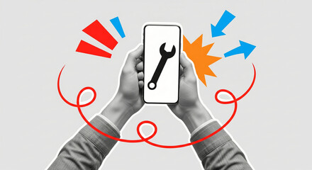 Modern graphic collage illustrating the concept of mobile device technical support, digital troubleshooting, and urgent smartphone repair service
