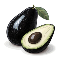 Two ripe black avocados one whole and one cut in half on a white background