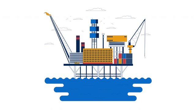 Offshore oil rig platform in ocean cartoon animation. Energy production infrastructure. Marine facility. Oilfield, gas extraction animated flat 2D scene 4K video isolated on white, scene storytelling