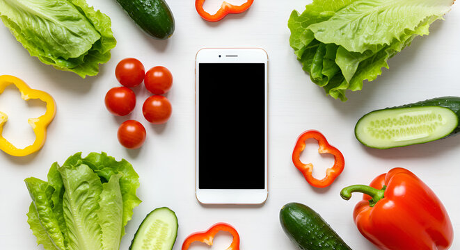 Vegetarian food mockup with smartphone and fresh vegetables on white background