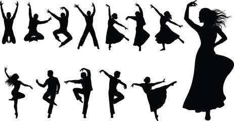 Silhouettes of dancers, men and women performing dance moves, ballet, contemporary, jump poses, artistic expression, vector illustration design