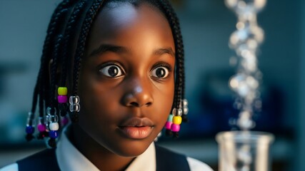Science Wonder: A young African American girl stares with wide-eyed amazement at a bubbling chemical reaction in a science lab experiment.